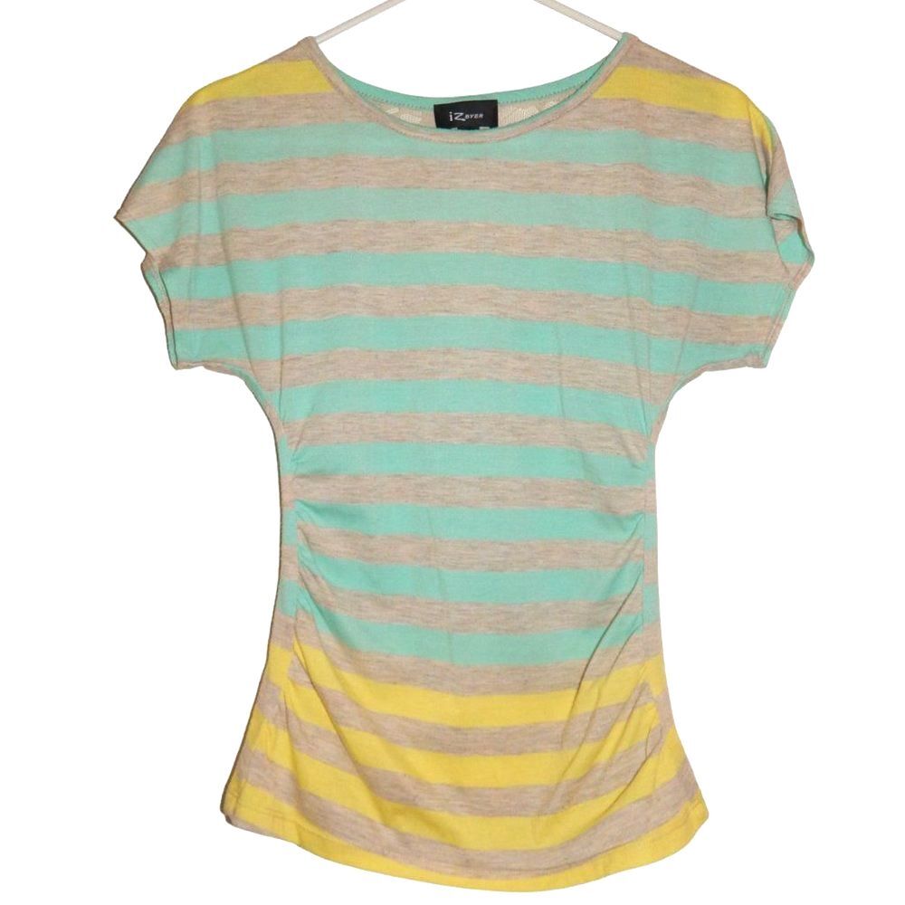 IZ BYER women's x-small gray teal yellow striped blouse with lace detail on back